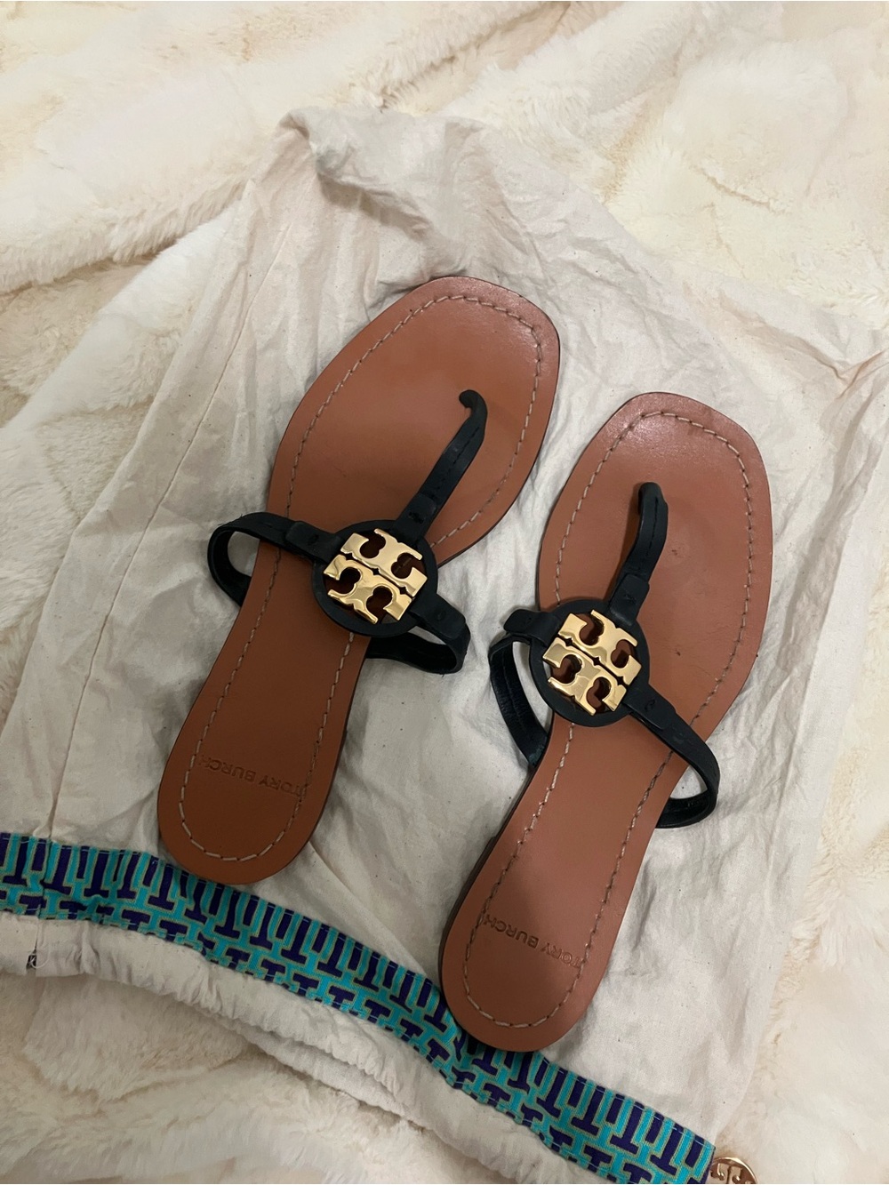 Tory Burch Black Leather Thora Sandals with Gold Logo